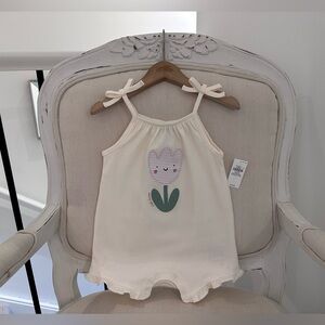 🤍 12~ 18 Cute Cream Lettuce Trim Bubble Romper with Flower Design NWT